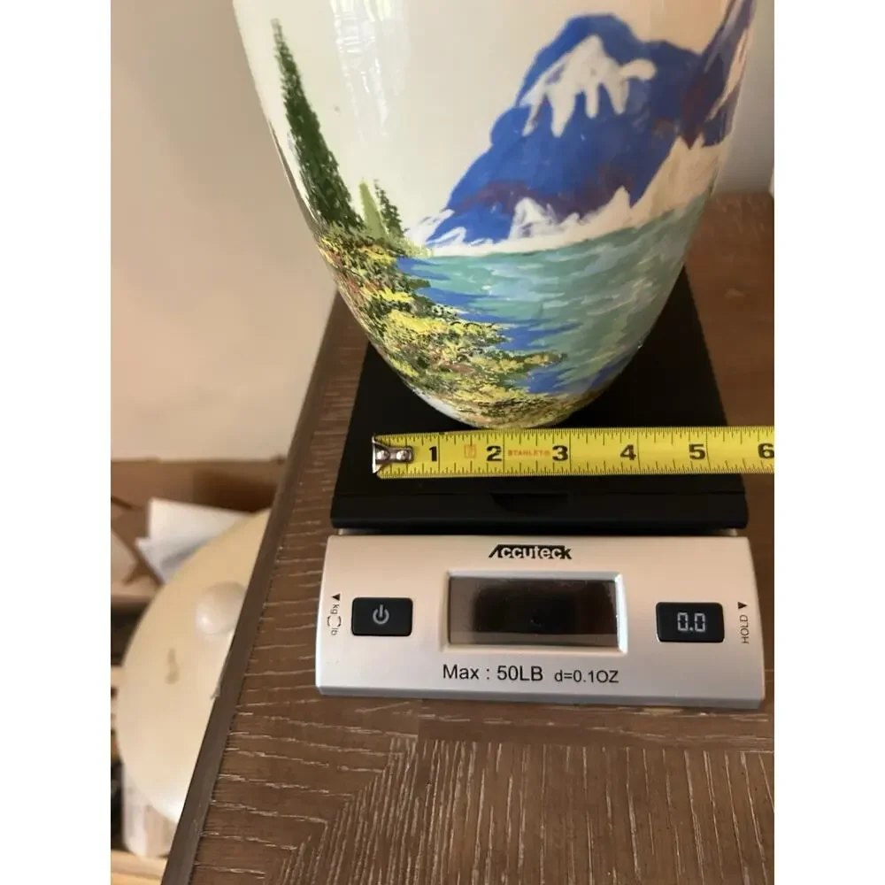 Vtg Hand-Painted Eggshell Porcelain 9.5” Vase Raised Mountain River Landscape